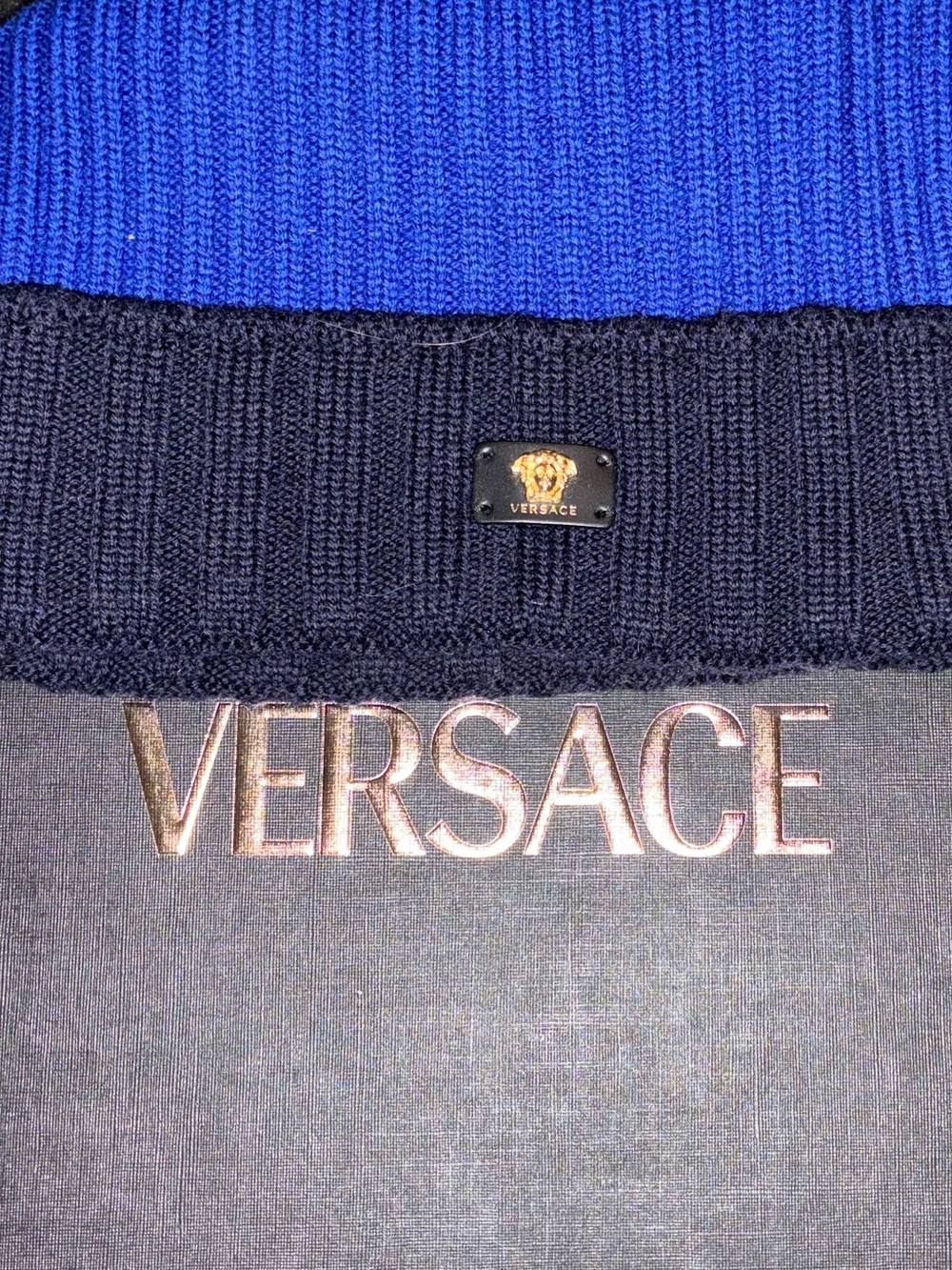 Versace Royal Blue and Black Ribbed Knit Beanie with Medusa Plate
